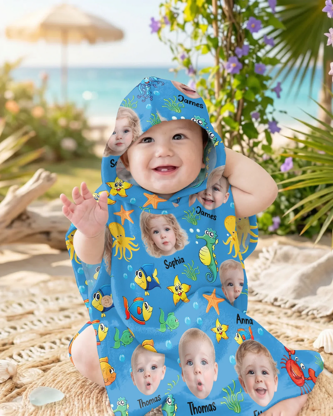Individuelles Foto Süßes Kindergesicht Aquarell Meerestiere Sommerlicher Bambus-Badeponcho