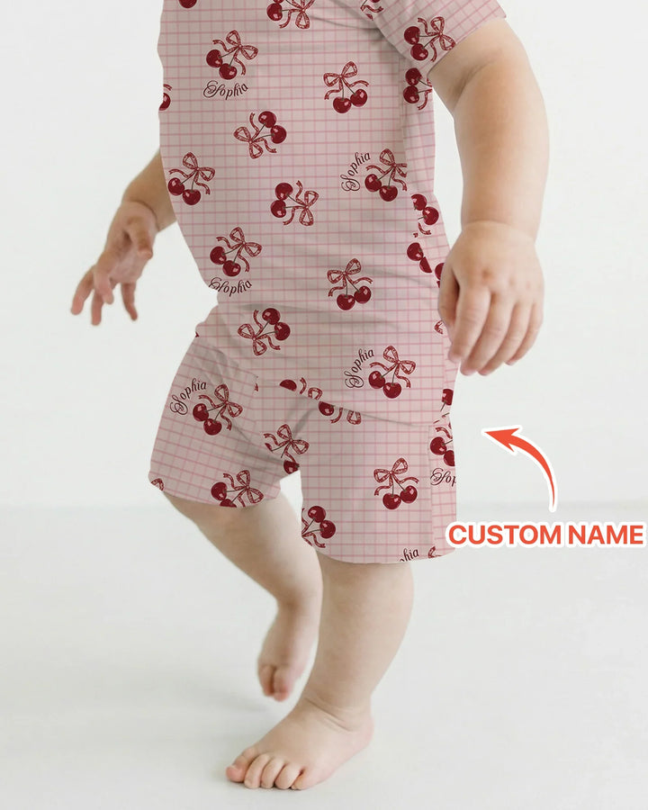 Cherry Mom and Me Bamboo Two Piece Short Sleeve Shorts Pajama Set
