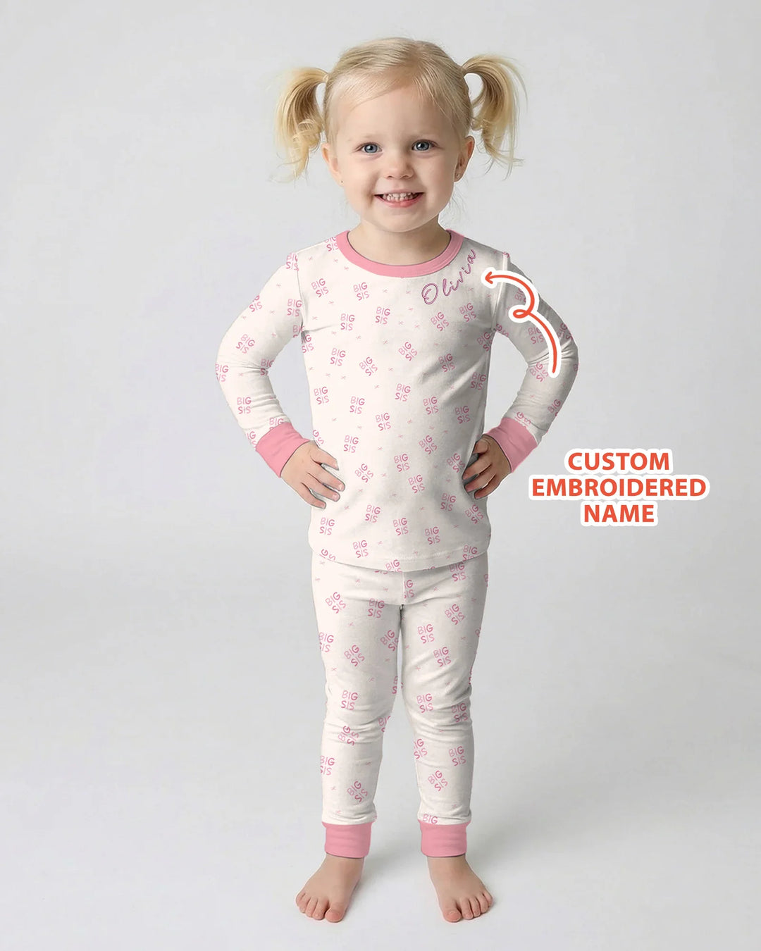 Custom Embroidered Name Big Sis Bamboo Two Piece Long Sleeve Pajama Set