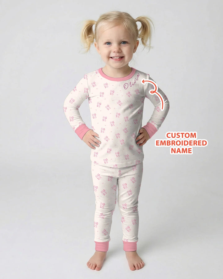 Custom Embroidered Name Big Sis Bamboo Two Piece Long Sleeve Pajama Set