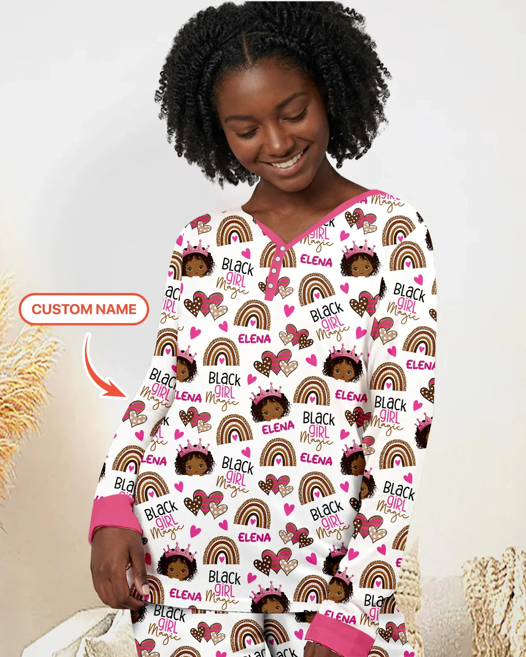 Personalisierbares Name Black Girl Magic Pyjama Set aus Bambus für Frauen