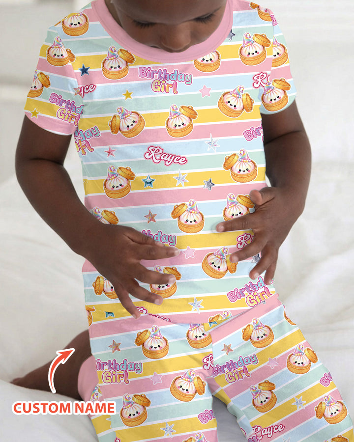 Custom Dumpling Birthday Girl  Bamboo Two Piece Short Sleeve Pajama Set