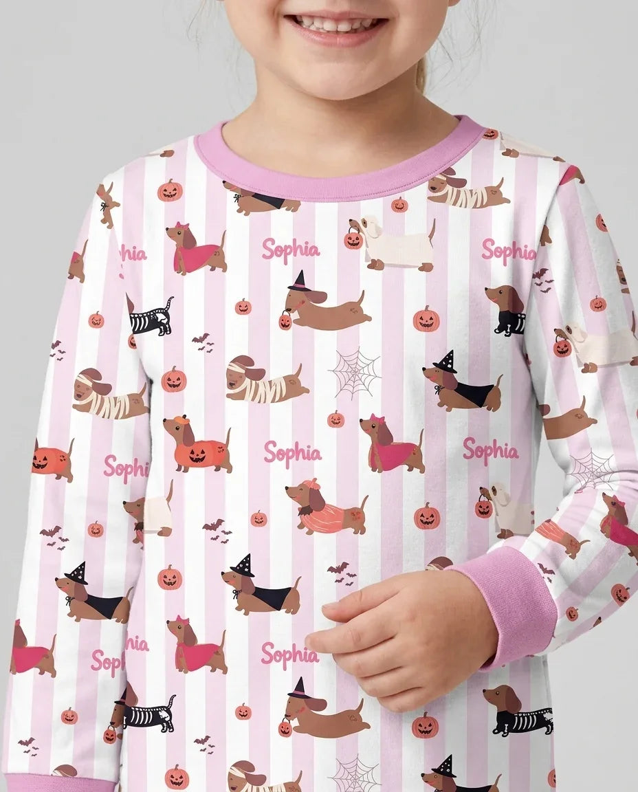 Custom Name Boo Crew Halloween Dachshund  Bamboo Two Piece Long Sleeve Pajama Set