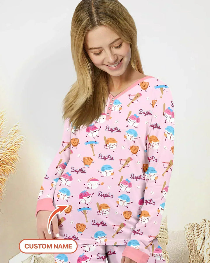 Kundenspezifischer Name Ballparl Familie Passender Bambus Damen Pyjama Set