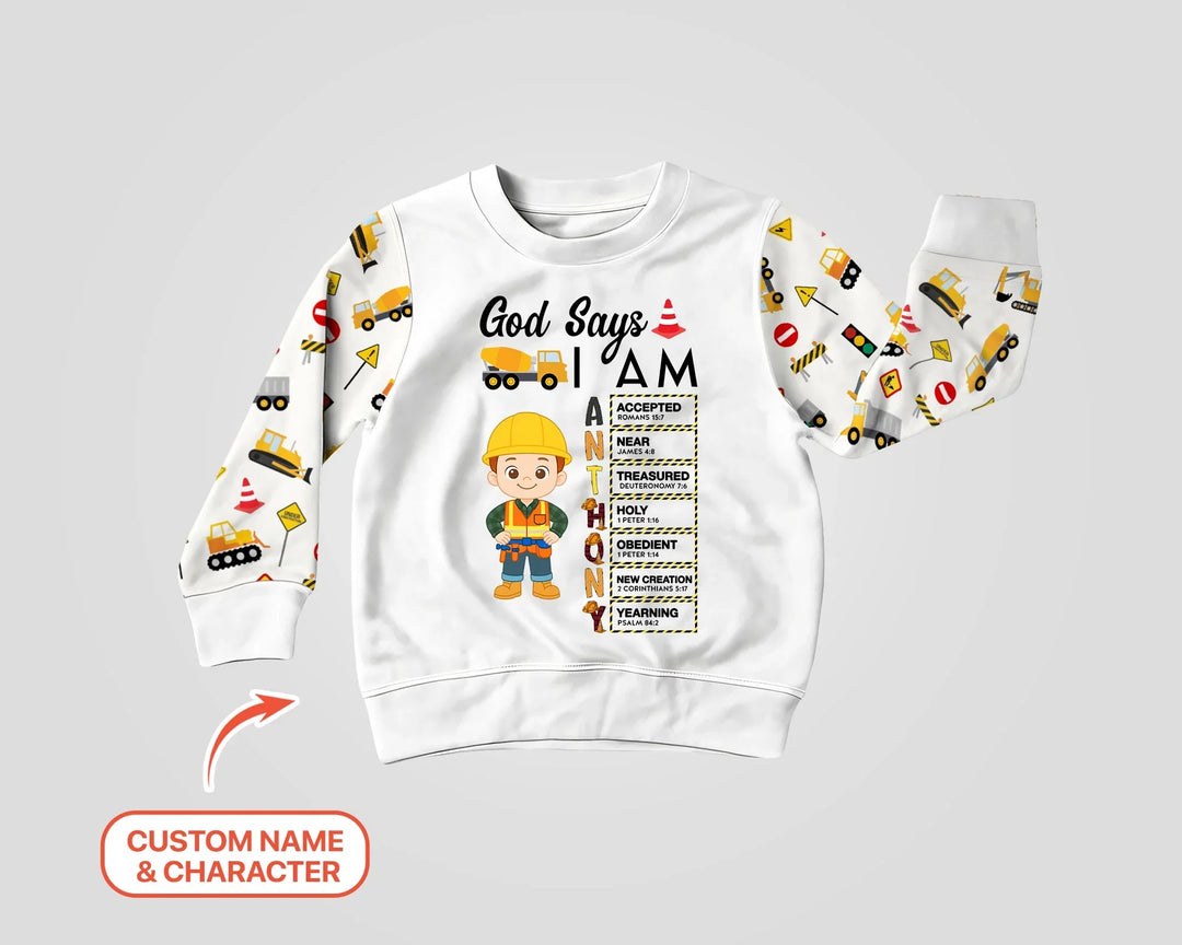 God Says I Am Little Builder Brief in Bibel Bambus Rundhals-Sweatshirt mit individuellem Namen