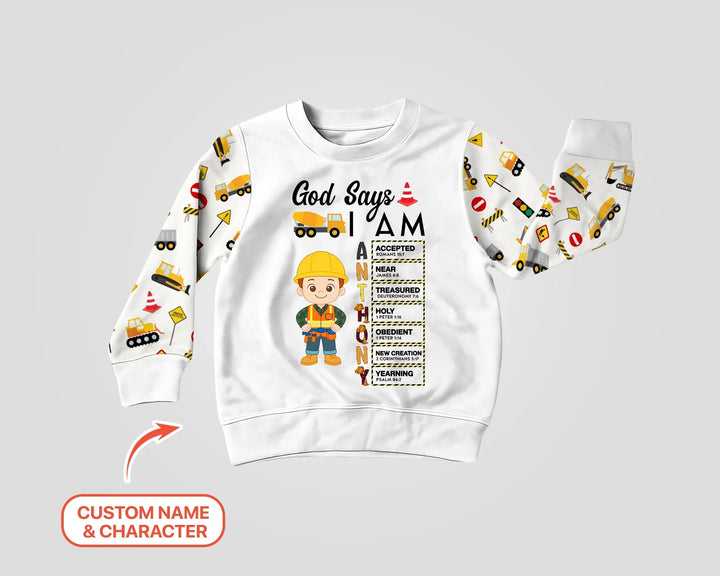 God Says I Am Little Builder Brief in Bibel Bambus Rundhals-Sweatshirt mit individuellem Namen