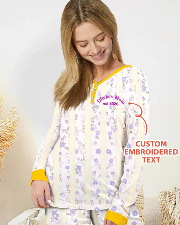 Personalisiert besticktes "Erster Muttertag" Mama-und-Ich-Schlafanzug-Set aus Bambus für Damen