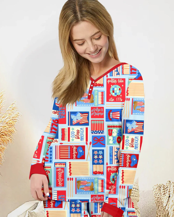 Patriotisches Streichholzschachtel-Pyjama-Set aus Bambus für Damen im Partnerlook