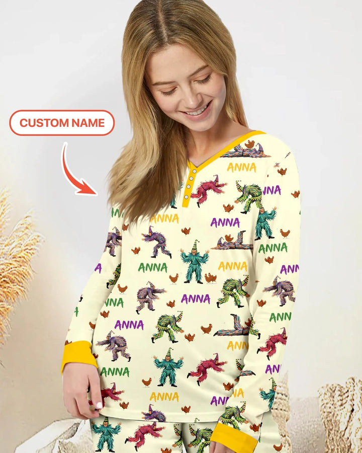 Personalisierter Name Mardi Gras Hühnerjagd Familie Passender Bambus Damen Pyjama-Set