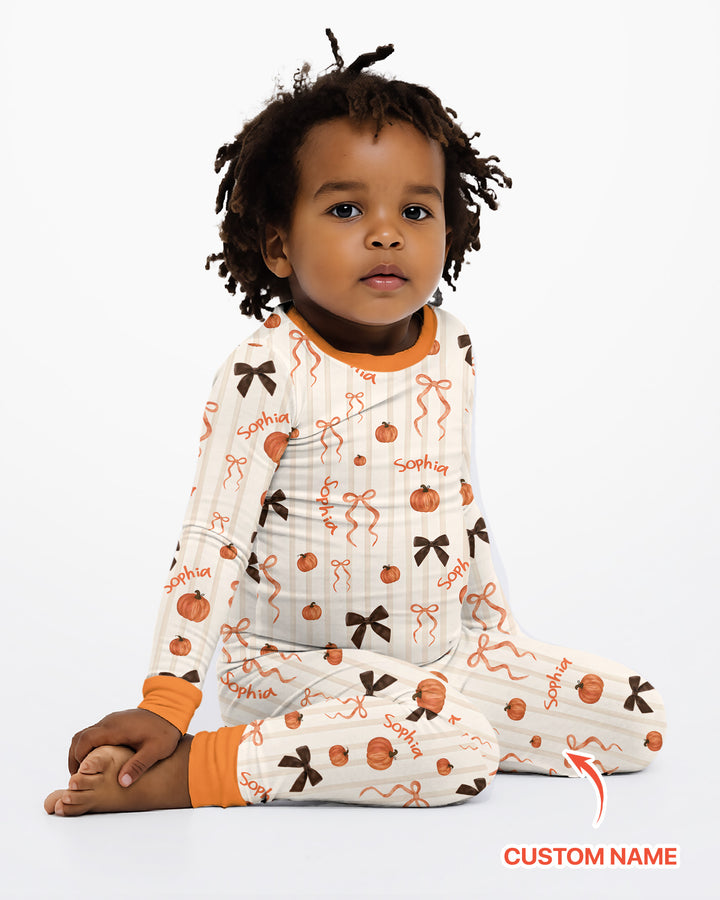Custom Name Coquette Pumpkin Bow Fall Bamboo Two Piece Long Sleeve Pajama Set