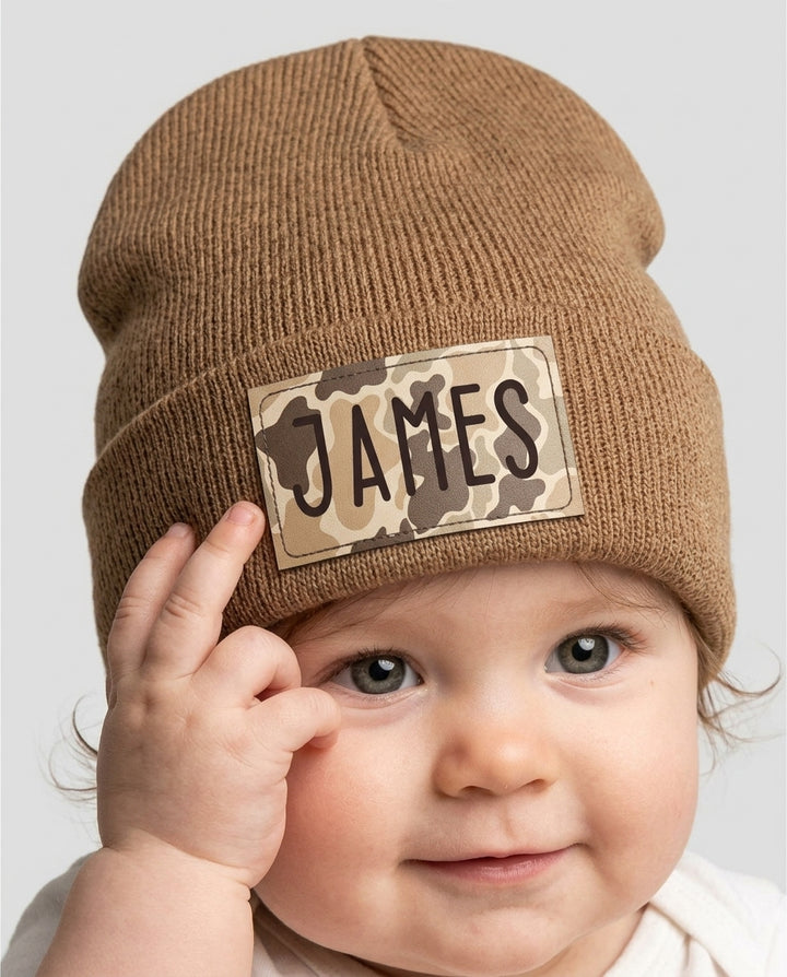 Custom Name Camo Leather Patch Beanie
