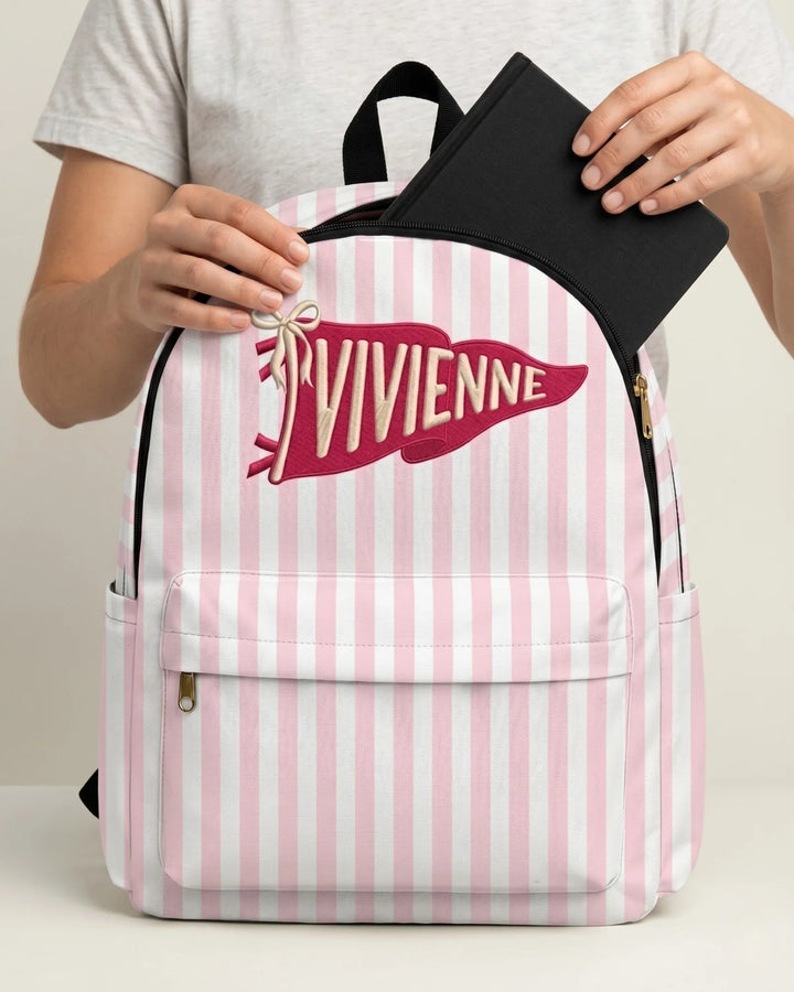 Custom Name Embroidered Pennant Pink Striped Backpack