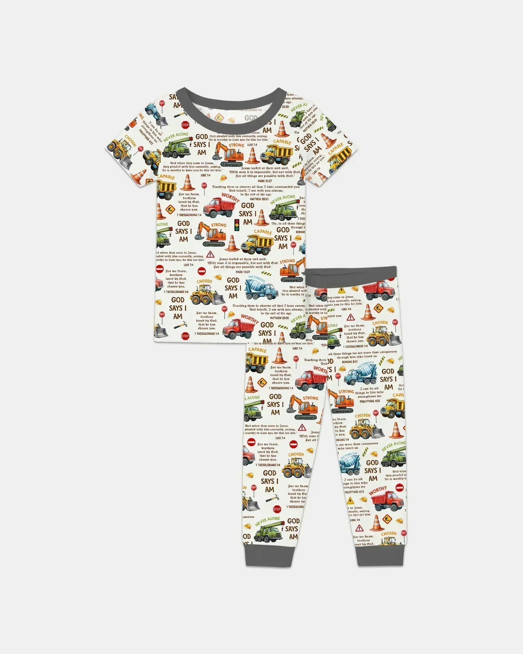Bible Verse Construction Trucks Bamboo Two Piece Short Sleeve Pajama Set