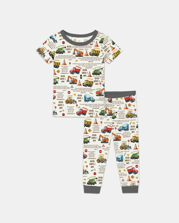 Bible Verse Construction Trucks Bamboo Two Piece Short Sleeve Pajama Set
