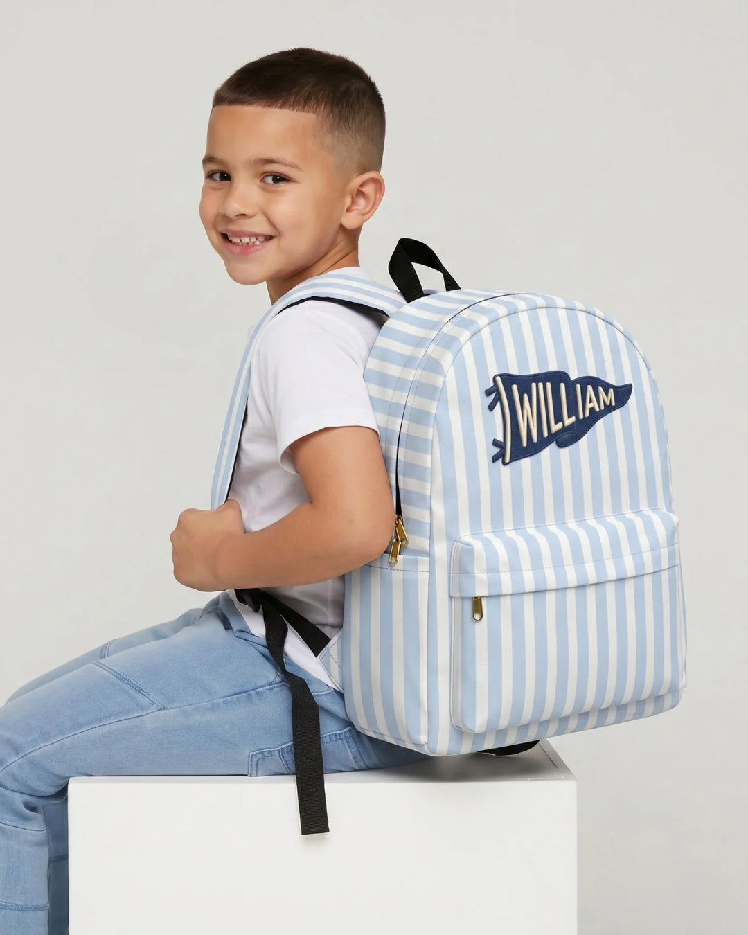 Custom Name Embroidered Pennant Blue Striped Backpack
