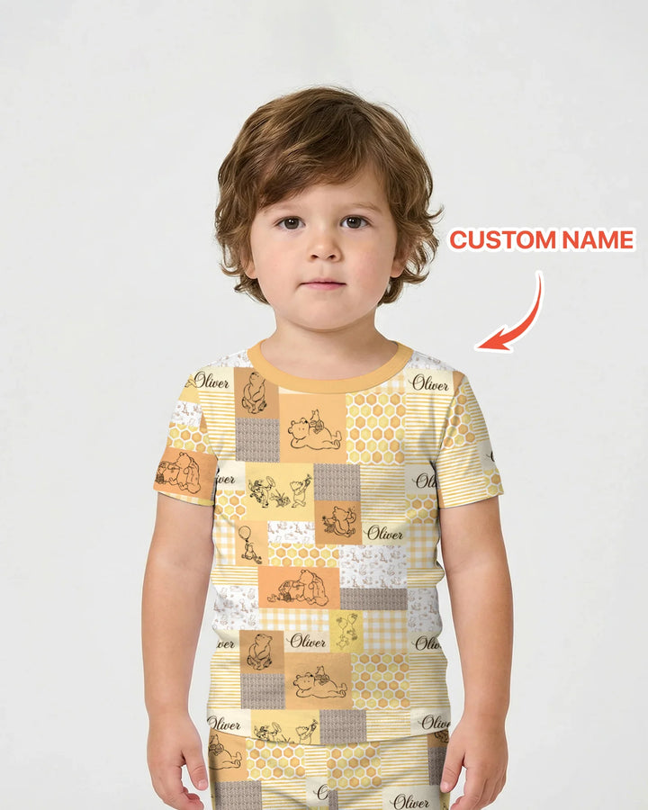 Personalized Classic Bear Patchwork  Bamboo Two Piece Short Sleeve Shorts Pajama Set