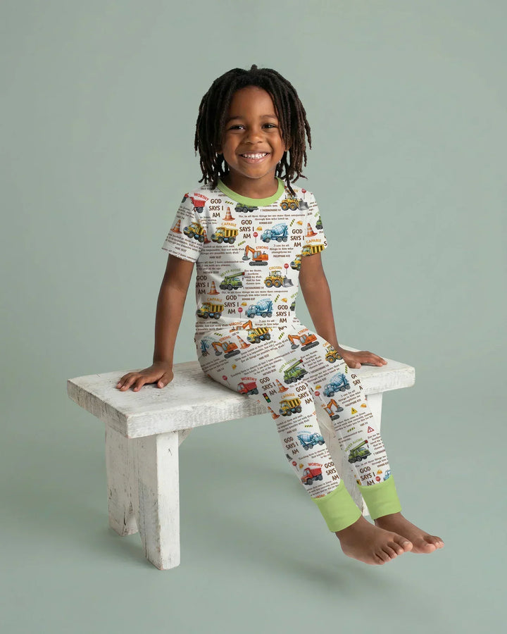 Bible Verse Construction Trucks Bamboo Two Piece Short Sleeve Pajama Set
