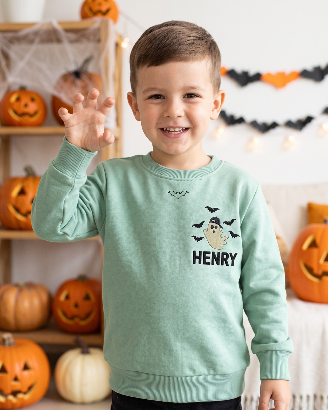 Custom Name Little Ghost Embroidered Bamboo Crewneck Sweatshirt