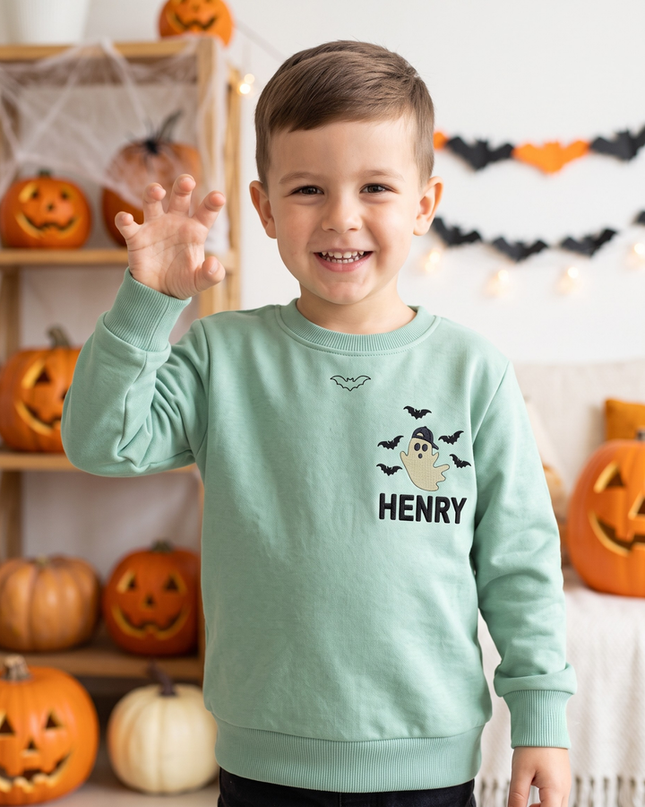 Custom Name Little Ghost Embroidered Bamboo Crewneck Sweatshirt