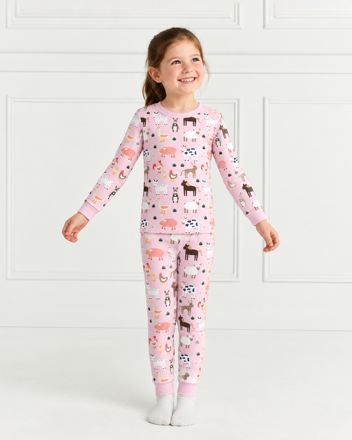 Pink Farm Animals Bamboo Two Piece Pajama Set