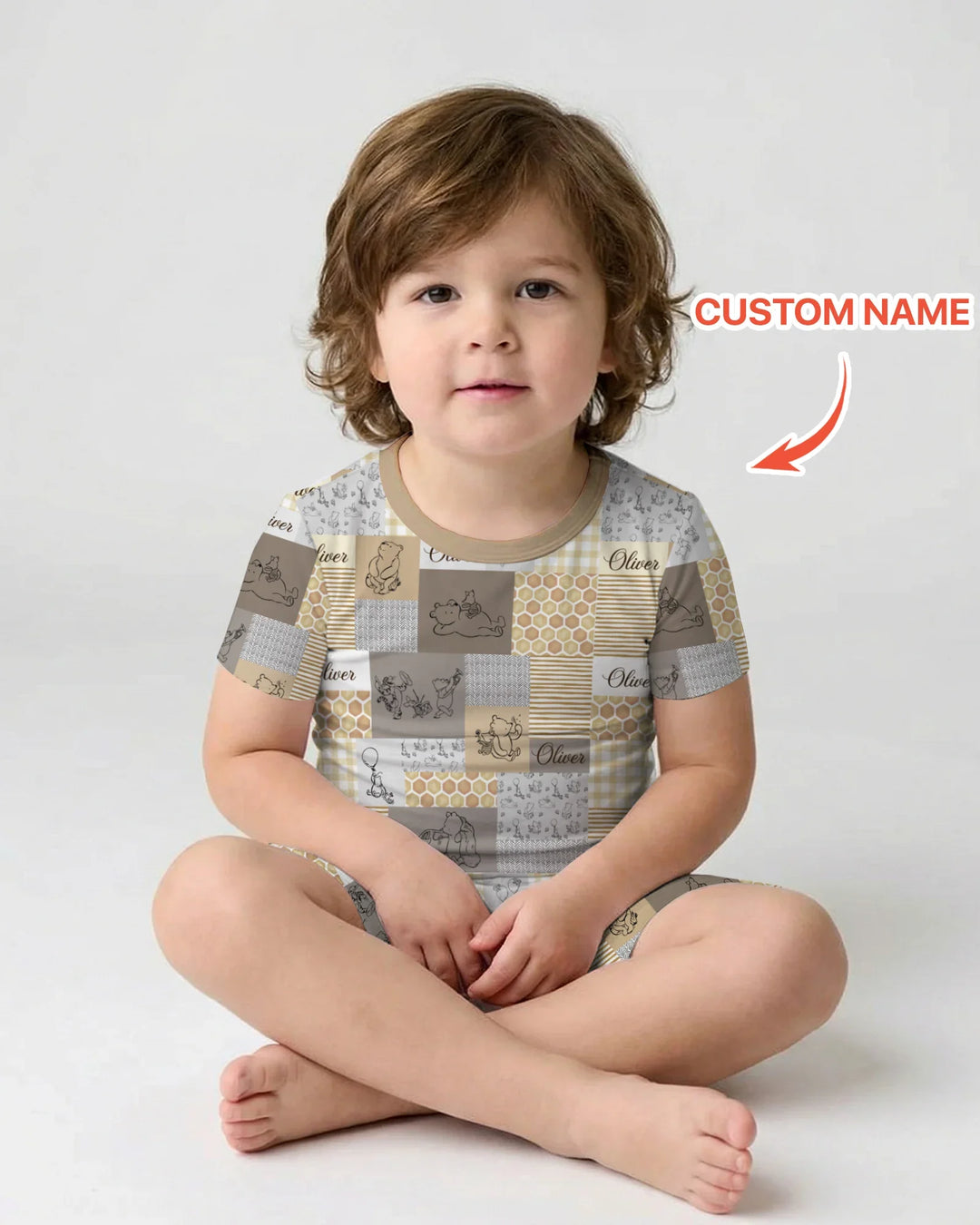Personalized Classic Bear Patchwork  Bamboo Two Piece Short Sleeve Shorts Pajama Set
