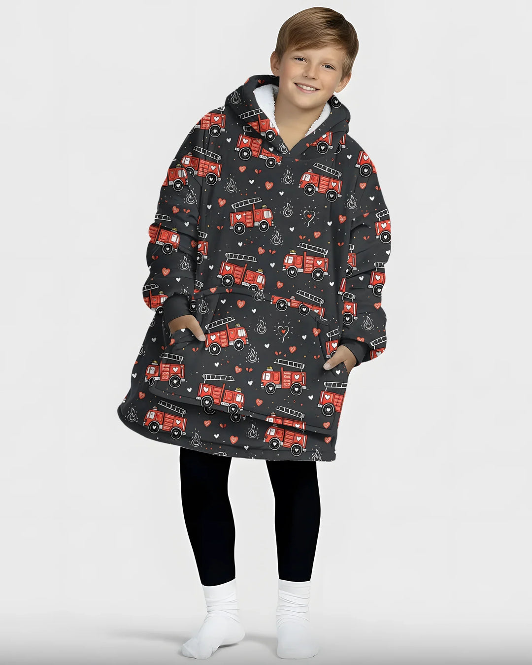 Valentine Fire Trucks Wearable Bamboo Blanket Hoodie