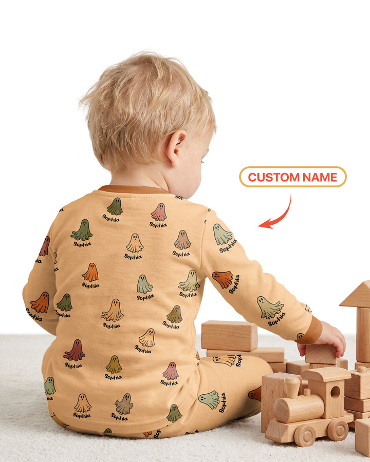 Cute Boo Ghost Vintage Halloween Bamboo Two Piece Long Sleeve Pajama Set