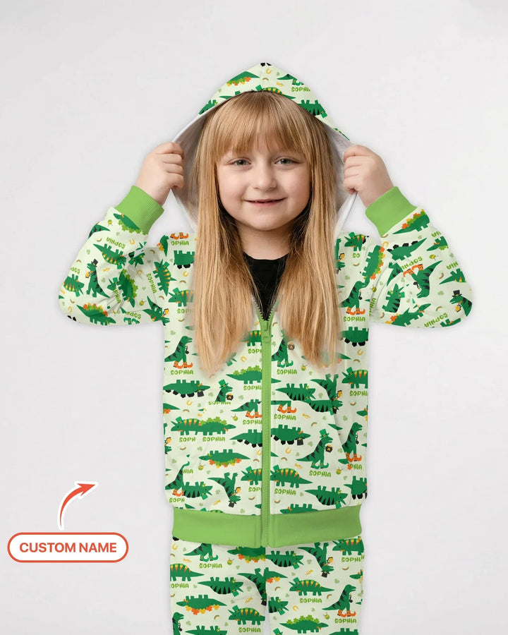 St. Patrick's Day Dinosaurier Benutzerdefinierter Bambus-Kapuzenpullover mit Reißverschluss