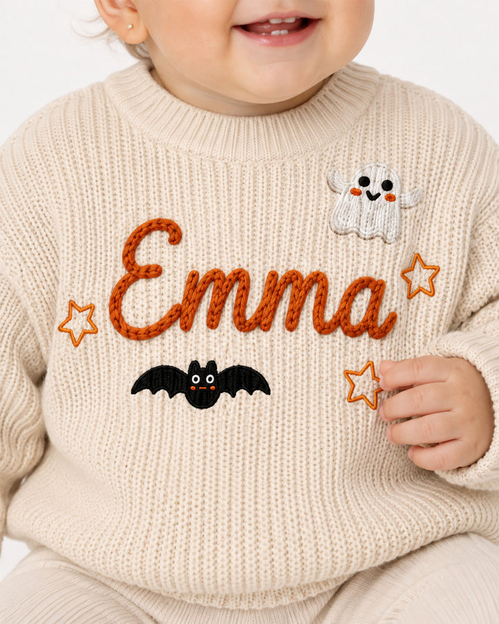 Happy Halloween Embroidered Baby Name Bamboo Knit Sweater Bubble
