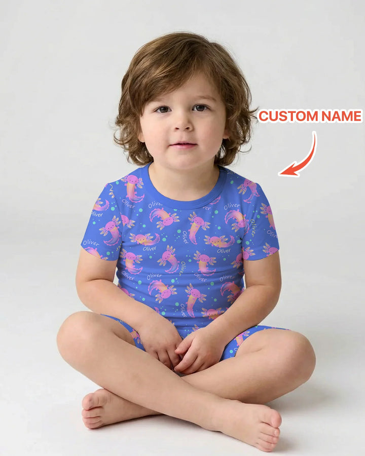 Axolotl Glow Custom Name Bamboo Two Piece Short Sleeve Shorts Pajama Set