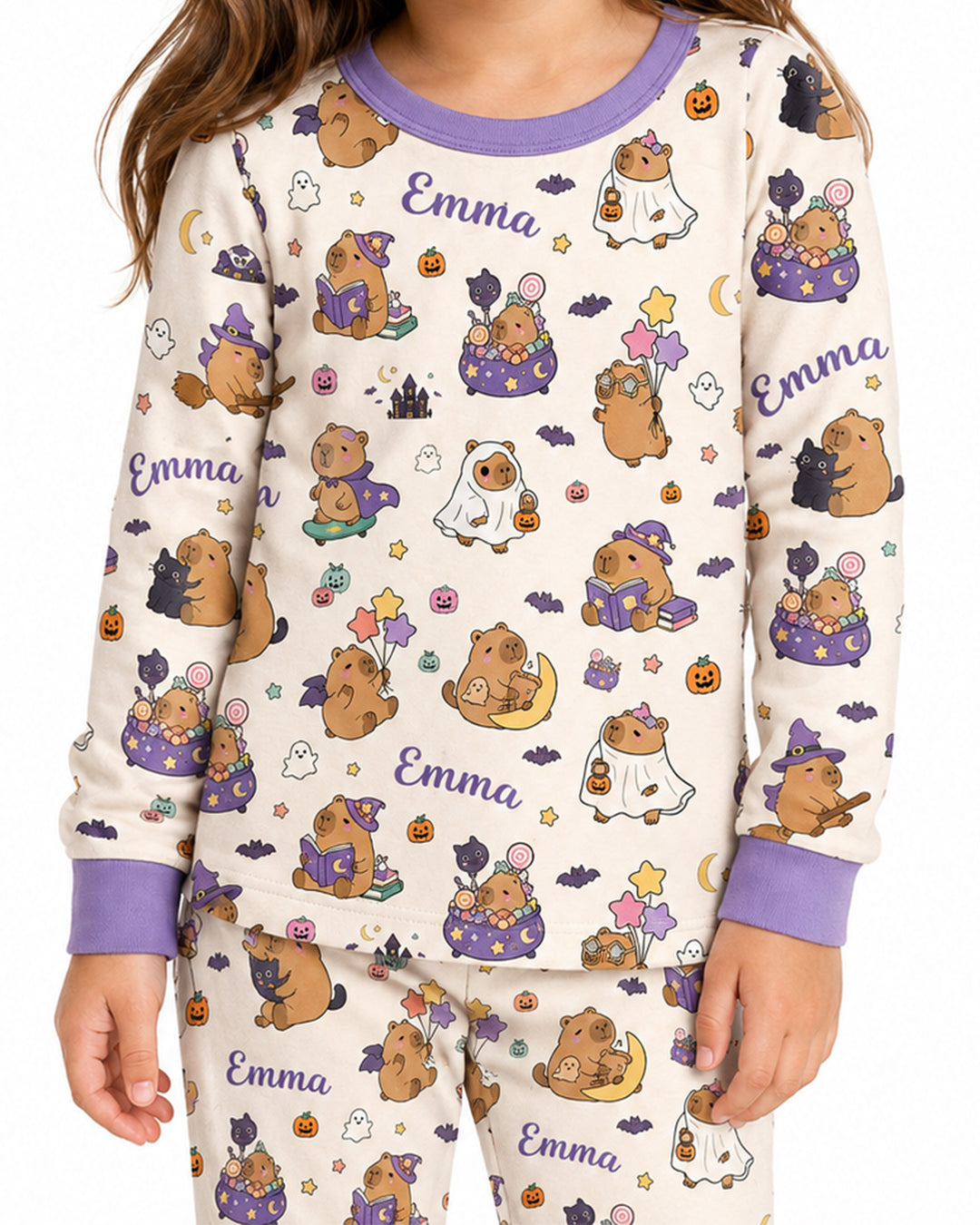 Custom Name Kawaii Halloween Capybara Bamboo Two Piece Long Sleeve Pajama Set