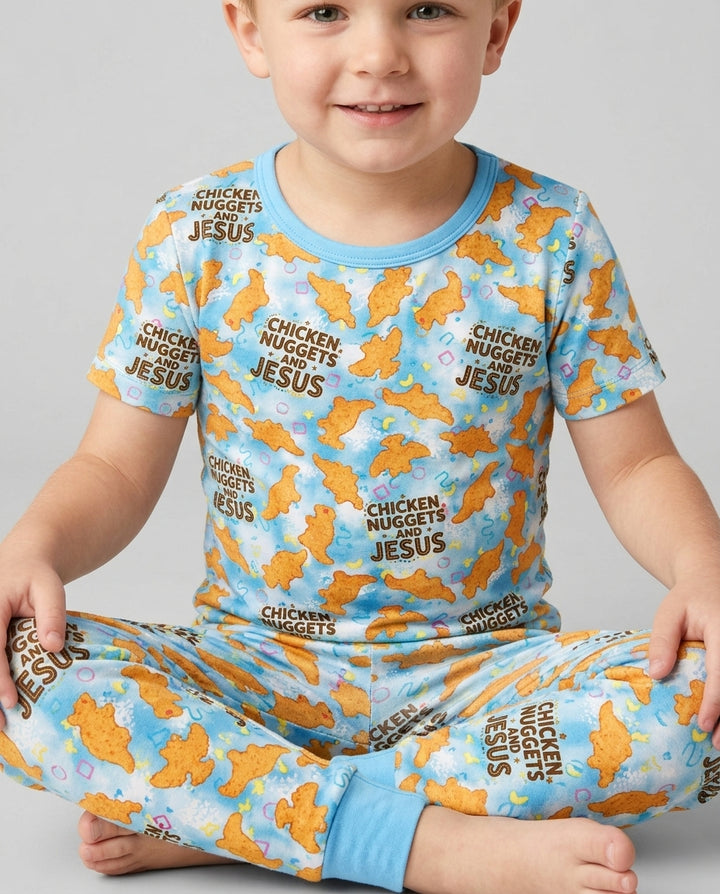 Chicken Nuggets and Jesus Family MatchingBamboo Two Piece Short Sleeve Pajama Set