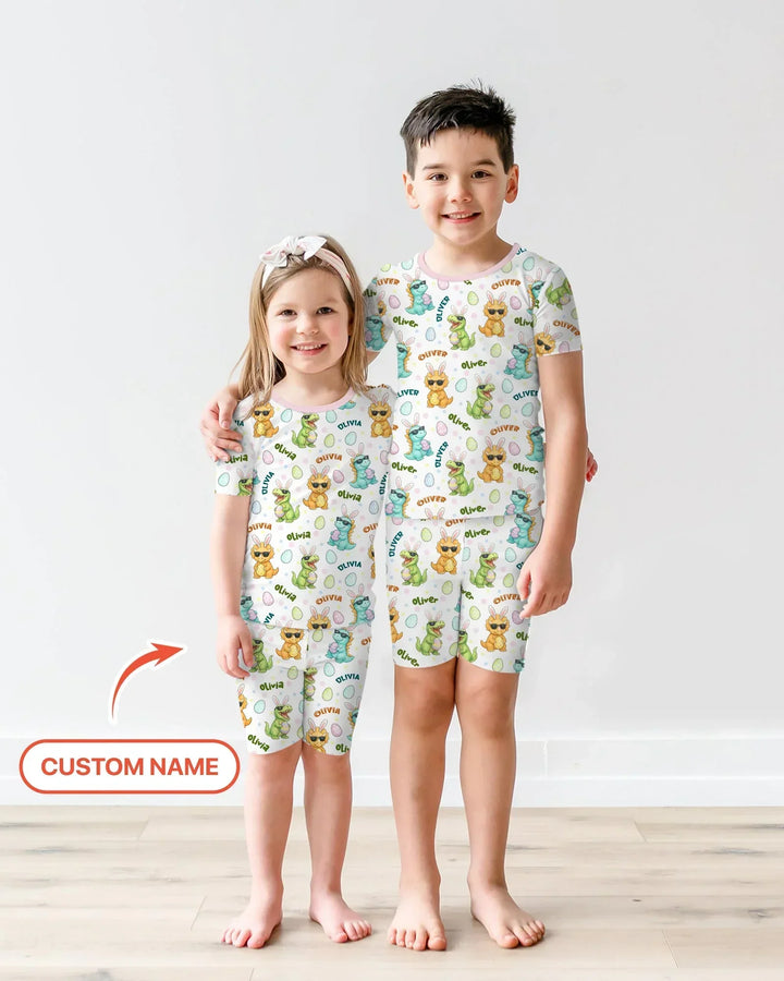Custom Name Dinosaur on the Hunt Bamboo Two Piece Short Sleeve Shorts Pajama Set