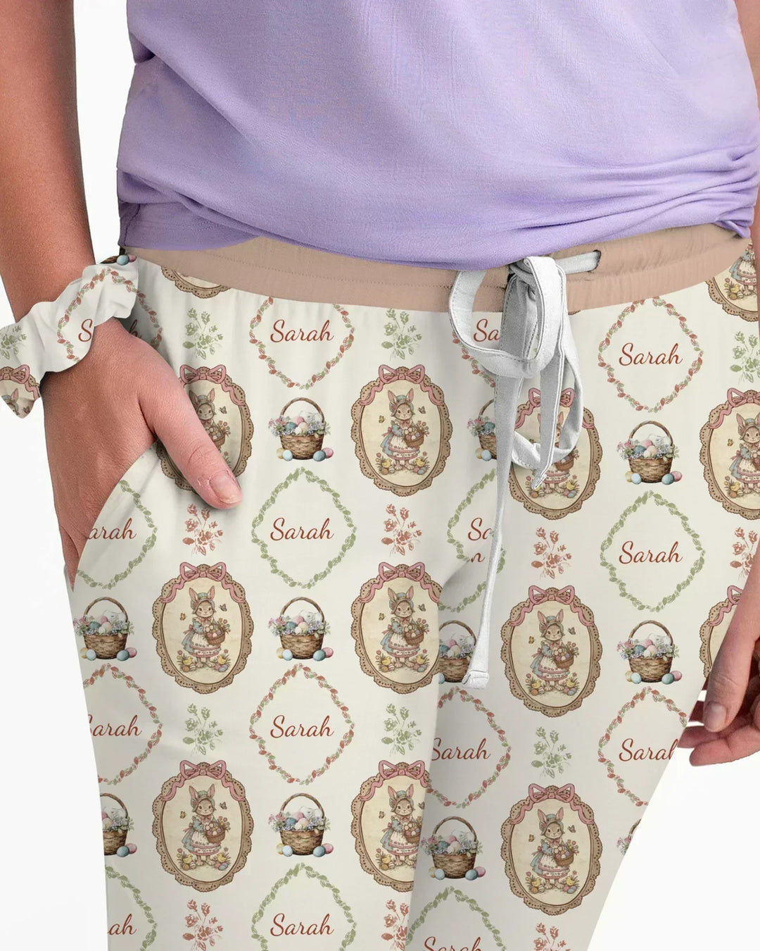 Vintage Hase Ostern Benutzerdefinierter Name Mommy & Me Passender Bambus Damen Schlafanzug Set