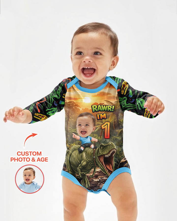 Custom Photo Dino Rawr Birthday Bamboo Bodysuit