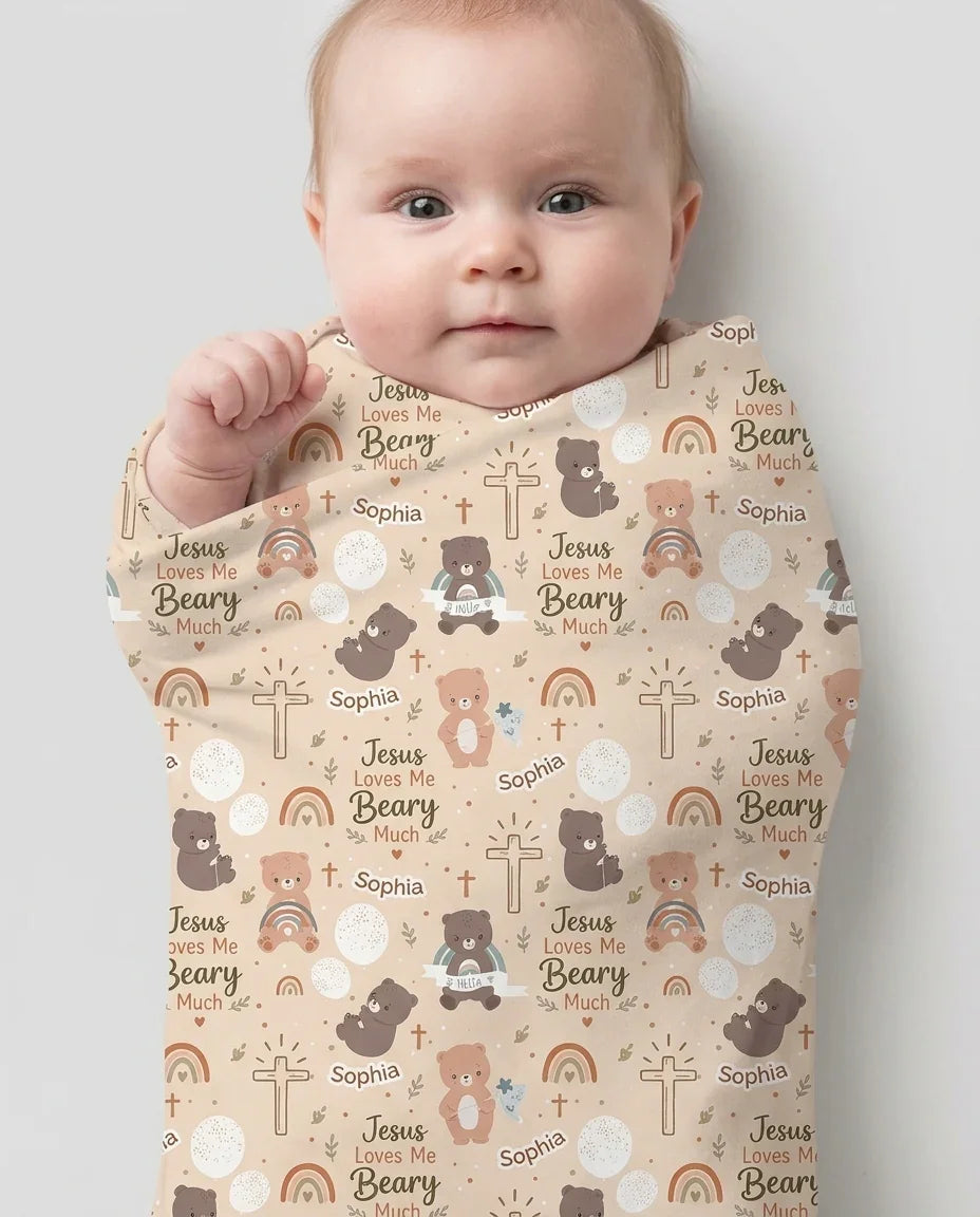 Custom Name Jesus Loves Me Beary Much Swaddle Blanket