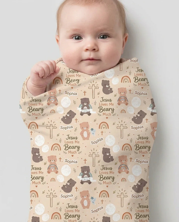 Custom Name Jesus Loves Me Beary Much Swaddle Blanket