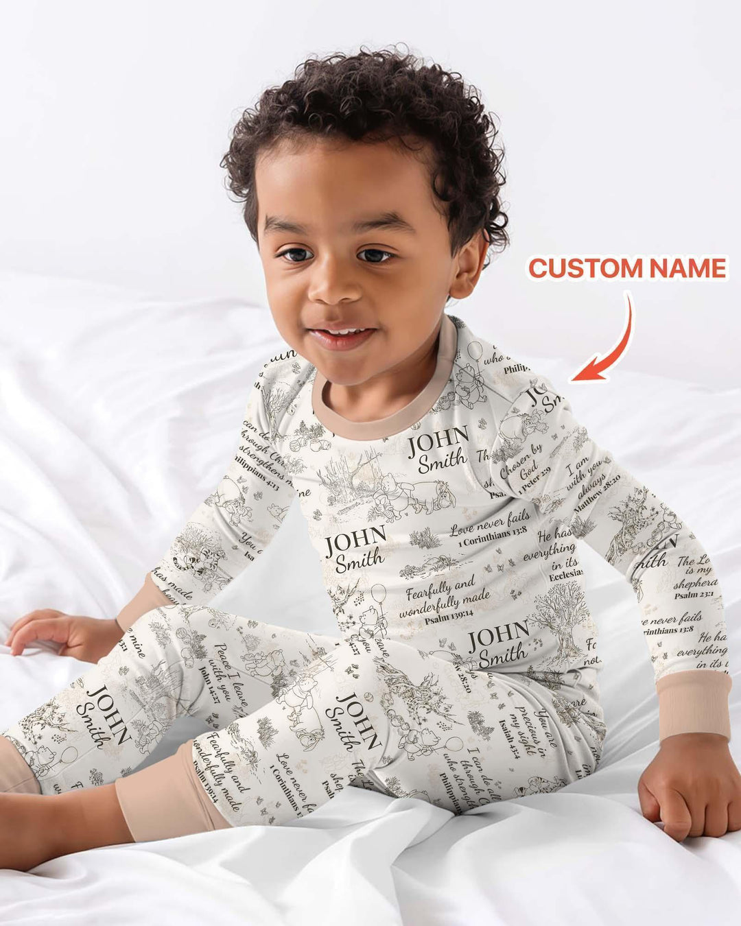 Classic Bear Bible Verse Custom Name Bamboo Two Piece Long Sleeve Pajama Set