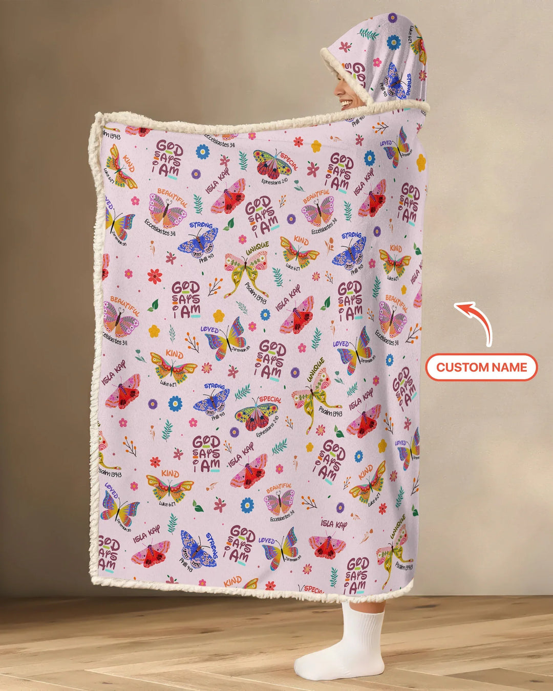 Custom Name God says I am Butterfly Bamboo Wearable Hooded Blanket