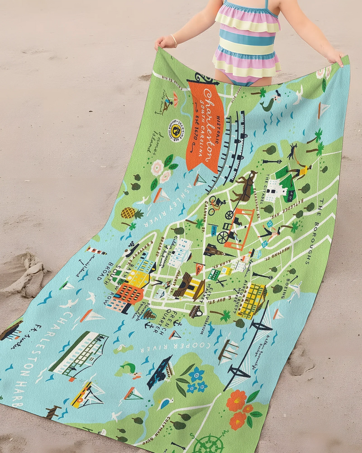 Charleston Coastal Charm Map Bamboo Beach Towel