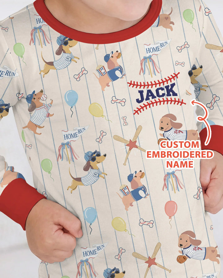 Personalized Embroidered Name Dachshund Baseball Bamboo Two Piece Long Sleeve Pajama Set