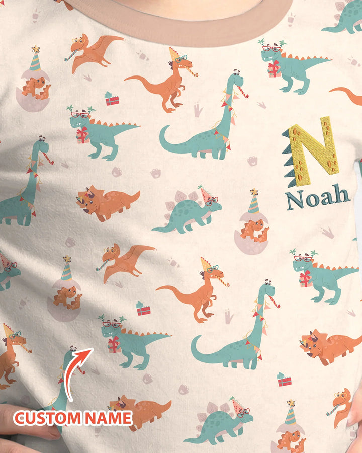 Custom Embroidered Name Dinosaurs Bamboo Two Piece Long Sleeve Pajama Set