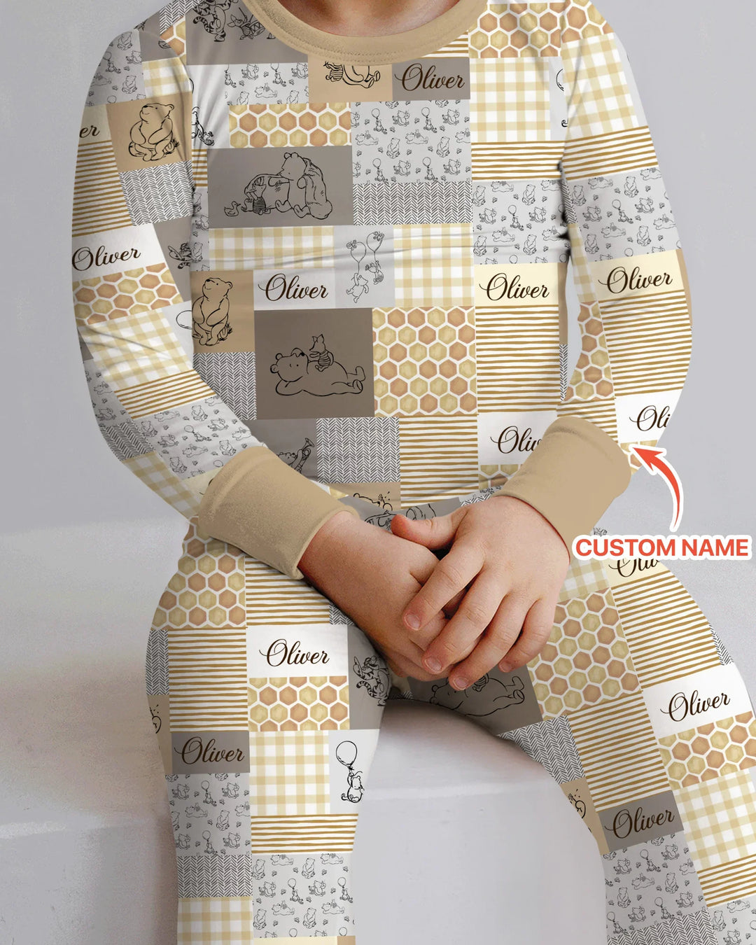 Personalized Classic Bear Patchwork  Bamboo Two Piece Long Sleeve Pajama Set