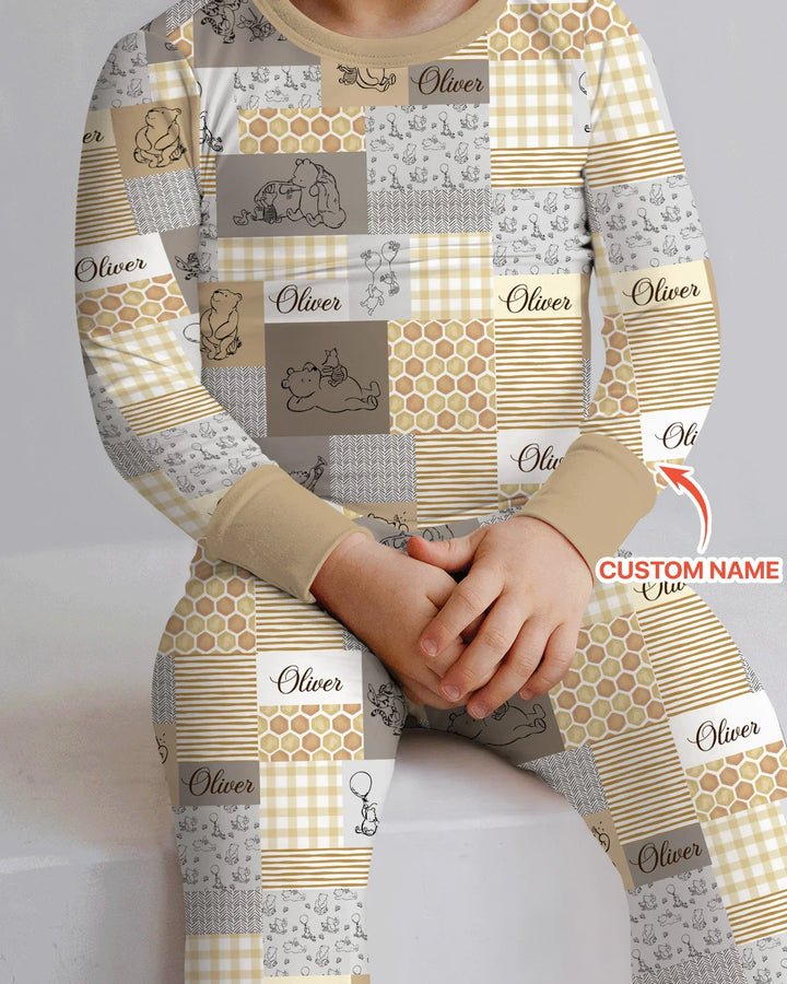 Personalized Classic Bear Patchwork  Bamboo Two Piece Long Sleeve Pajama Set