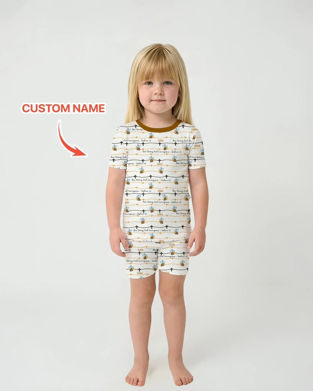 Bee Strong And Courageous Custom Name Bamboo Two Piece Short Sleeve Shorts Pajama Set