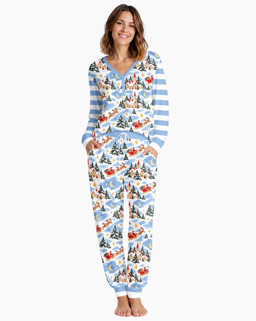 Whimsical Santa's Winter Village Bamboo Women Pajama Set