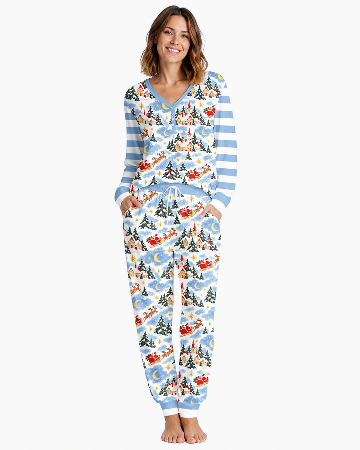Whimsical Santa's Winter Village Bamboo Women Pajama Set
