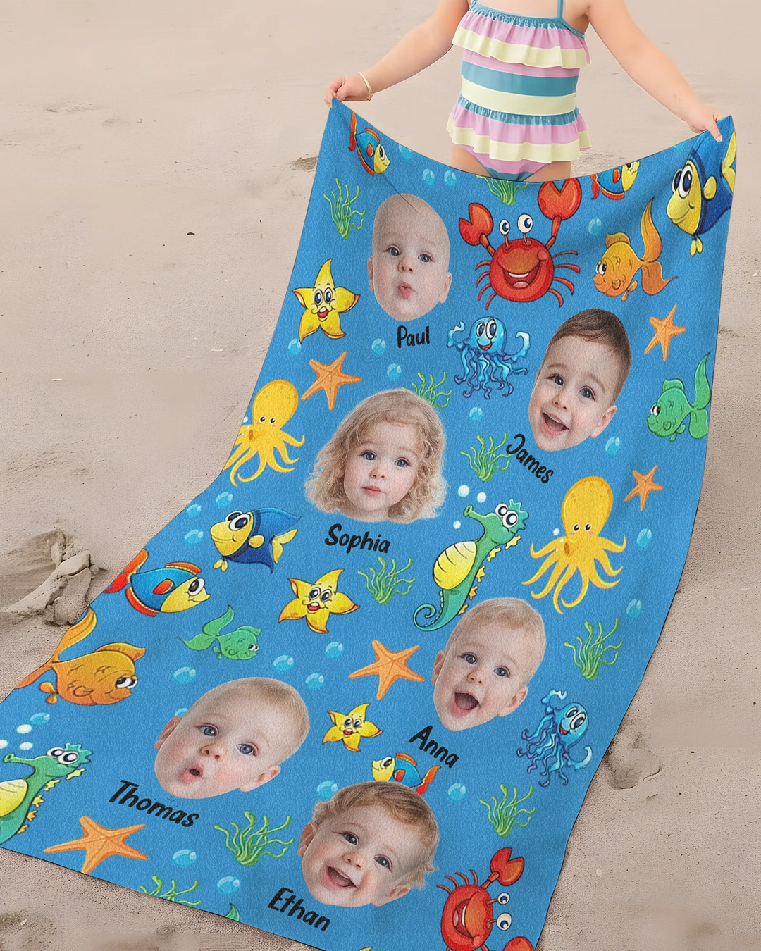 Personalisiertes Foto Niedliches Kindergesicht Aquarell Meerestiere Sommer Bambus Strandtuch