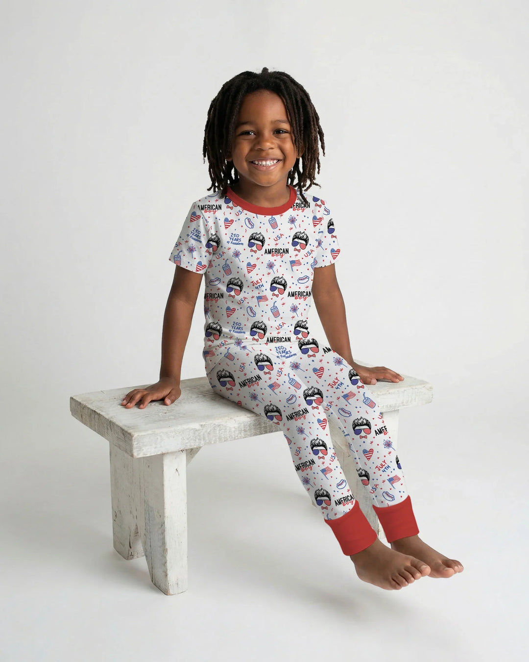 Doodle American Flag Glasses Family Matching Bamboo Two Piece Short Sleeve Pajama Set