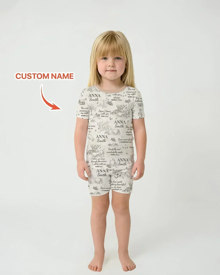 Classic Bear Bible Verse Custom Name Bamboo Two Piece Short Sleeve Shorts Pajama Set